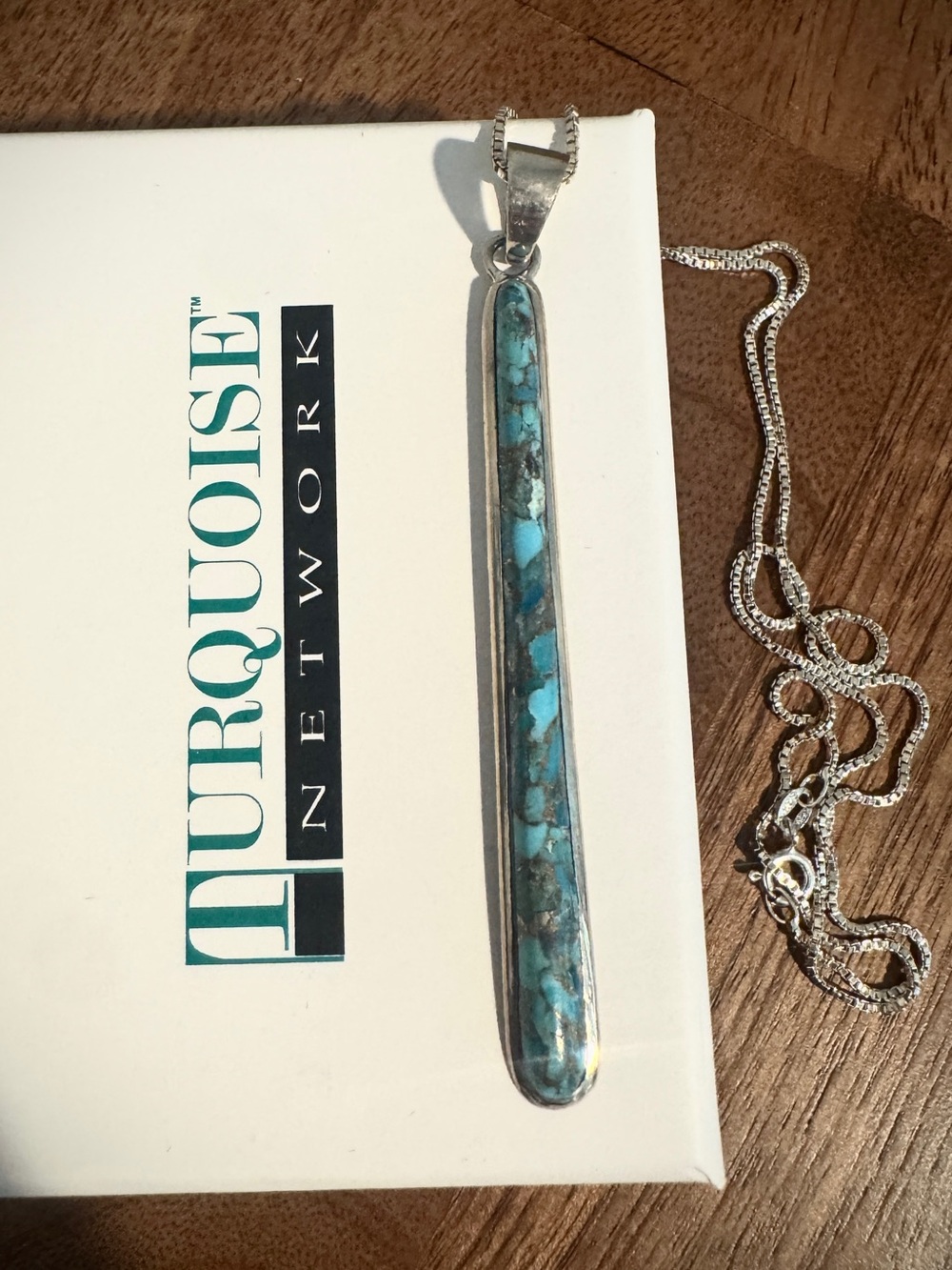 Turquoise Network Long Inlaid Turquoise Pendant Necklace Brand New with Box